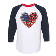 Patriotic Raglan, Red, White and Blue Heart with Leopard Design on premium Raglan 3/4 sleeve shirt, plus size, 2X raglan, 3X raglan