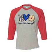 Baseball Raglan, PEACE LOVE Baseball, Love Baseball, Baseball Fan Design on premium Raglan 3/4 sleeve shirt, plus size, 2X raglan, 3X raglan