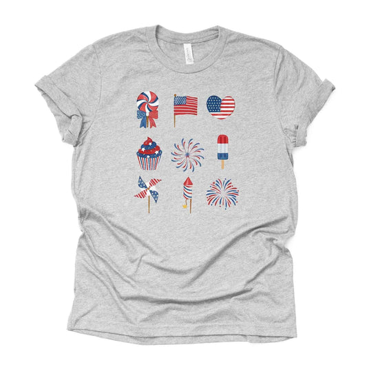 Cute Patriotic Icons, USA Flag, Fireworks & Popsicle Design, premium unisex shirt, 3 color choices, 3x patriotic, 4x patriotic, plus sizes