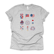 Cute Patriotic Icons, USA Flag, Fireworks & Popsicle Design, premium unisex shirt, 3 color choices, 3x patriotic, 4x patriotic, plus sizes