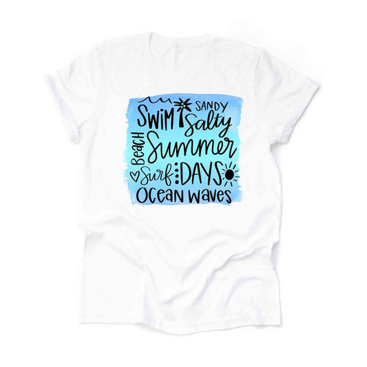 Summer Tee, Summer Days and Ocean Waves, Fun Beach Design on premium unisex shirt, 2 color choices, 3x Summer, 4x Summer, Plus