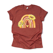 Watercolor Yellow and Pink Rainbow, Rainbow with Sunflowers Design on premium Bella + Canvas unisex shirt, 3 color choices, plus sizes