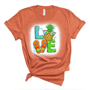 Love Summer Shirt, Super Fun Pineapple and Flip Flops LOVE Design on premium unisex shirt, 3 color choices, plus sizes available