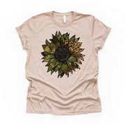 Army Life, Camo Sunflower, Green and Brown Camo Sunflower Design on premium Bella + Canvas unisex shirt, 3 color choices, plus sizes, 3X, 4X
