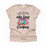 Camping Tee, Just A Girl Who Loves Camping, Camper and Flamingos Design on premium shirt, 3 color choices, 3x Camping, 4x Camping