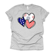 Patriotic Tee, 3 Patriotic Hearts with Stripes and Fireworks Design on premium unisex shirt, 3 color choices, 3x Patriotic, 4x Patriotic