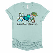 Summer Beach Tee, Peace Love Summer, Palm Tee & Coconuts Design on premium unisex shirt, 2 color choices, 3x Summer, 4x Summer, Plus