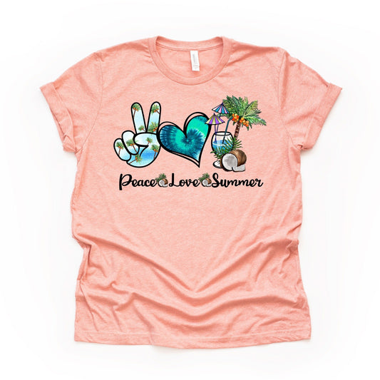 Summer Beach Tee, Peace Love Summer, Palm Tee & Coconuts Design on premium unisex shirt, 2 color choices, 3x Summer, 4x Summer, Plus