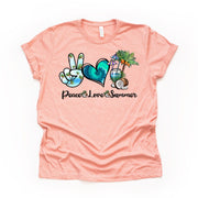 Summer Beach Tee, Peace Love Summer, Palm Tee & Coconuts Design on premium unisex shirt, 2 color choices, 3x Summer, 4x Summer, Plus