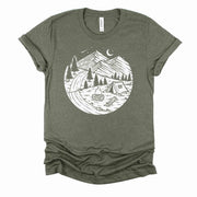 Camping Tee, Rustic Camping Scene, Camping at Mountains Design on premium unisex shirt, 3 color choices, 3x Camping, 4x Camping, Plus Sizes