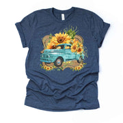 Vintage Teal Truck and Sunflowers, Old Truck and Sunflowers Design, premium unisex shirt, 3 color choices, 2X, 3X, 4X, plus sizes available
