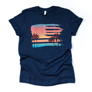 Patriotic Beach Tee, Unique Beach Scene In USA Flag Design on premium Bella + Canvas unisex shirt, 3 color choices, plus sizes available