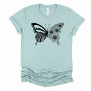 Butterfly Silhouette, Cute Butterfly & Flowers, Floral Butterfly Design on premium unisex shirt, 3 color choices, 3x butterfly, 4x butterfly