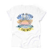 Life Is Better At The Beach Watercolor, Sunset at the Beach Design on premium unisex shirt, 3 color choices, 3x Beach, 4x Beach, Plus Sizes