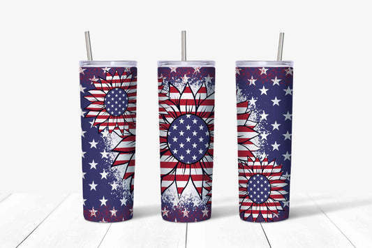 20 oz Skinny Tumbler, Patriotic Tumbler, Red White & Blue Sunflower Skinny Tumbler, Flag Sunflowers Tumbler, 20 oz Stainless Steel Tumbler