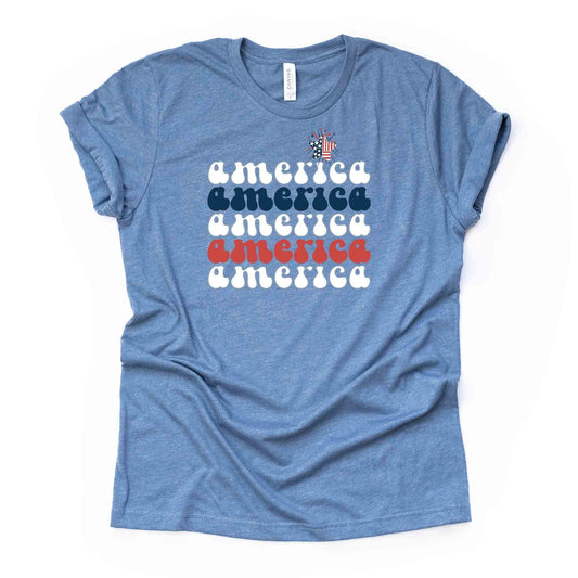 Super Fun Retro America Tee, Repeating America Star Design on premium unisex shirt, 3 color choices, 3x Patriotic, 4x Patriotic, Plus Sizes