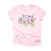 Wildflowers Tee, Beautiful Pink and Purple Wildflowers Design, premium unisex shirt, 3 color choices, 3x Flowers, 4x Flowers, plus sizes