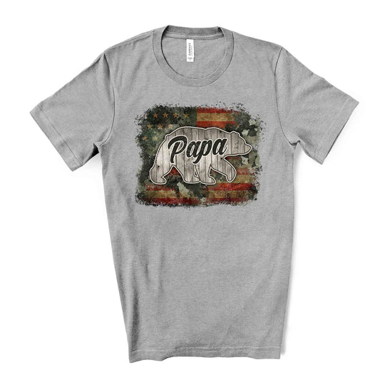Fathers Day Tee, Patriotic Papa Bear, American Flag Dad Design, premium unisex shirt, 3 color choices, 3x dad, 4x dad, father's day gift