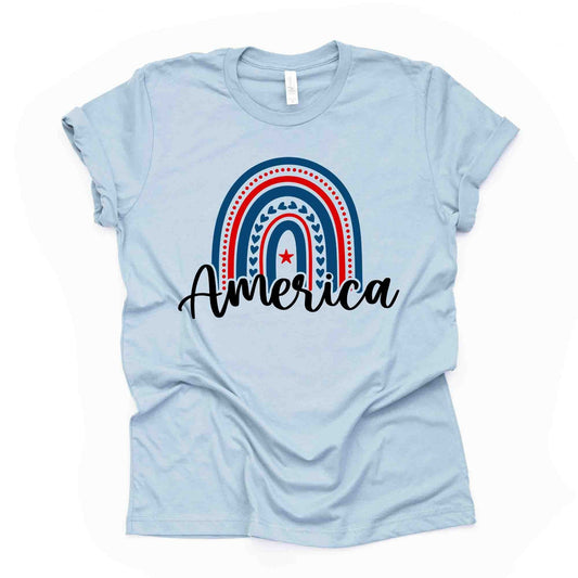 Patriotic Tee, Cute American Rainbow, Red White Blue Rainbow Design on premium unisex shirt, 3 color choices, 3x USA, 4x USA, plus patriotic