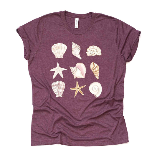Beach and Vacation Tee, Pretty Shells In a Row, Seashells Design on premium unisex shirt, 3 color choices, 3x beach, 4x beach, plus sizes