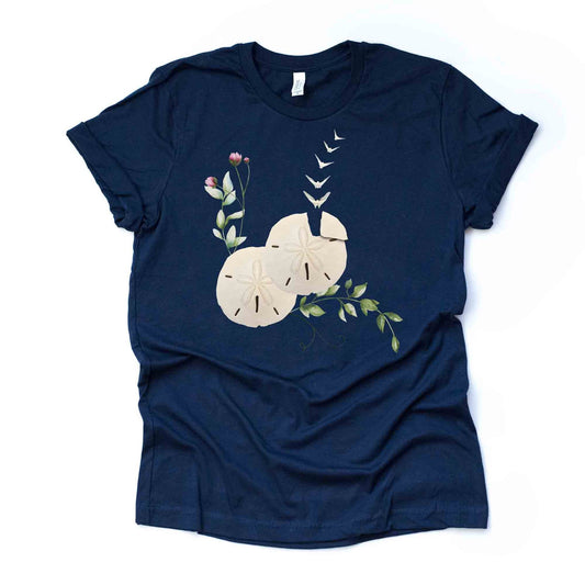Sand Dollar Tee, Beautiful Sand Dollar with Doves, Beach Design on premium unisex shirt, 3 color choices, 2X, 3X, 4X, plus sizes available