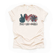 Patriotic Tee, PEACE LOVE AMERICA, Patriotic Sunflower Design, premium unisex shirt, 3 color choices, 3x Patriotic, 4x Patriotic, Plus Sizes