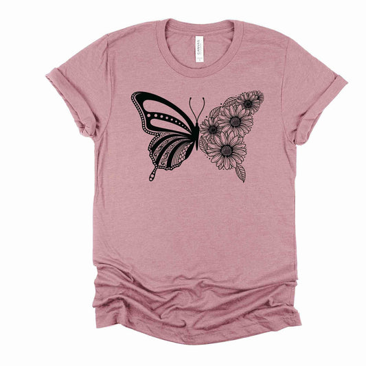Butterfly Silhouette, Cute Butterfly & Flowers, Floral Butterfly Design on premium unisex shirt, 3 color choices, 3x butterfly, 4x butterfly