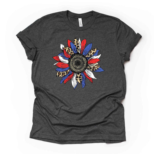 Patriotic Sunflower, Red White Blue & Leopard Flower Design on premium unisex shirt, 3 color choices, 3x Patriotic, 4x Patriotic, Plus Sizes