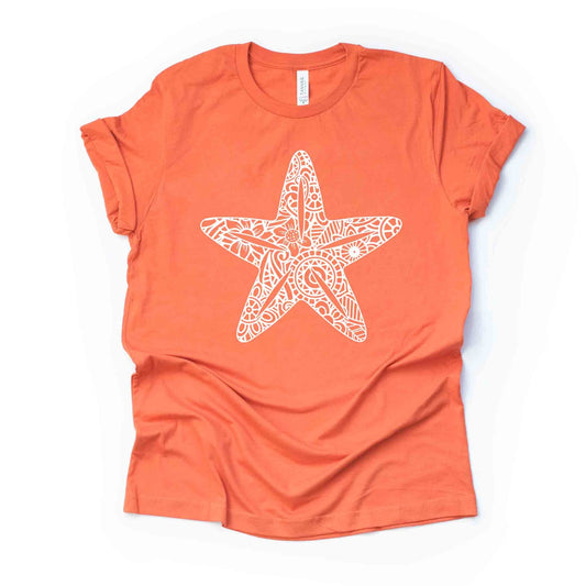 Beach Tee, Cute Starfish Mandala, Starfish Zentangle Design, premium unisex shirt, 3 color choices, 3x beach, 4x beach, plus sizes available