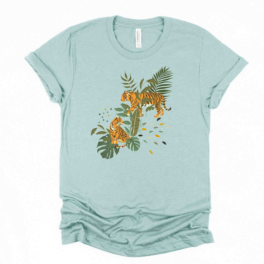 Tiger Tee, Fun Tiger and Tropical Plants, Tiger Design, premium unisex shirt, 3 color choices, 3x tiger, 4x tiger, plus sizes available