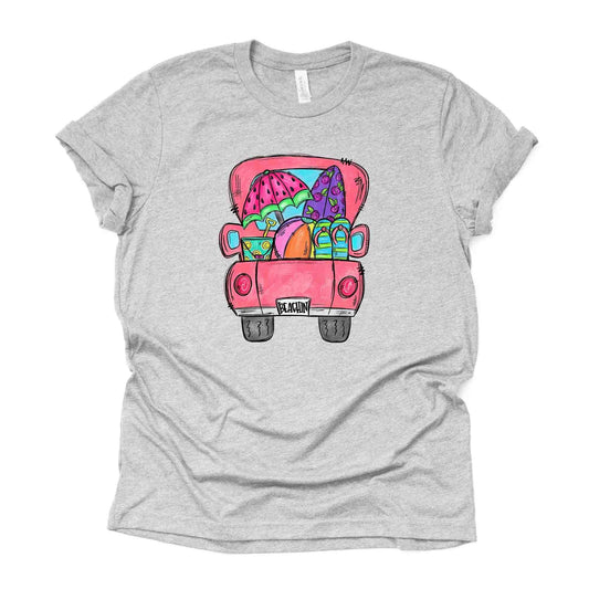 Beach Tee, Super Cute Vintage Pink Truck, Pink Beach Truck and Umbrella Design on premium  unisex shirt, 3 color choices, 3X Beach, 4X Beach