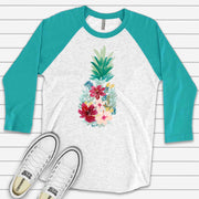 Pineapple Raglan, Pretty Tropical Flowers Pineapple, Watercolor Pineapple Design on premium Raglan 3/4 sleeve shirt, plus size, 2X, 3X