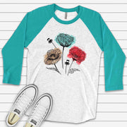 Floral Raglan, Simple Line Flowers with Watercolor Design, premium Raglan 3/4 sleeve shirt, plus size, 2x flowers raglan, 3x flowers raglan