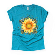 Sunflower Tee, Beautiful Sunflower on Cow print & Turquoise Jewels Background Design on premium unisex shirt, 3x sunflower, 4x sunflower