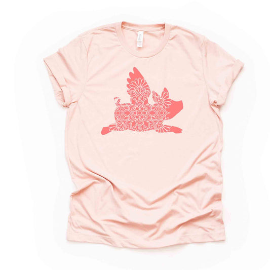 Pig Tee, Super Cute Pig Flying, Pig with Wings, When Pigs Fly Design on premium unisex shirt, 3 color choices, 3x pig, 4x pig, plus sizes