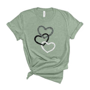 Intertwined Heart Tee, Silver Black and White Hearts Design on premium Bella + Canvas unisex shirt, 3 color choices, plus sizes available