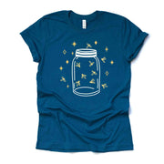 Summer Tee, Super Cute Jar of Lightning Bugs, Fireflies Design on premium Bella + Canvas unisex shirt, 3 color choices, 3x Summer, 4x Summer
