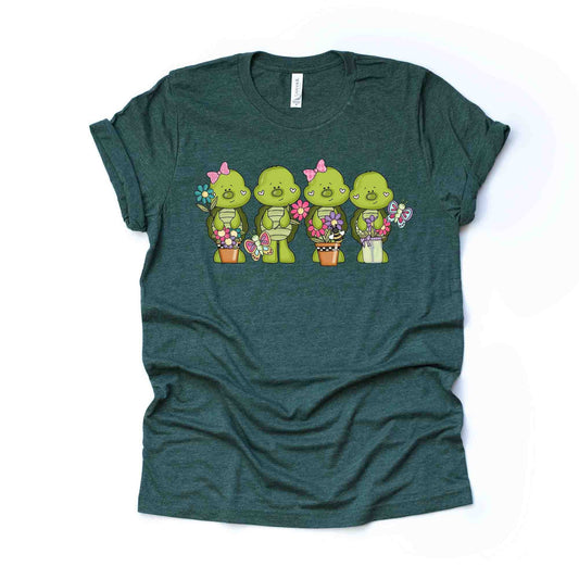 Turtle Tee, Super Cute Turtles In a Row, Turtles with Flowers Design, premium unisex shirt, 3 color choices, 3x Turtles, 4x Turtles, Plus