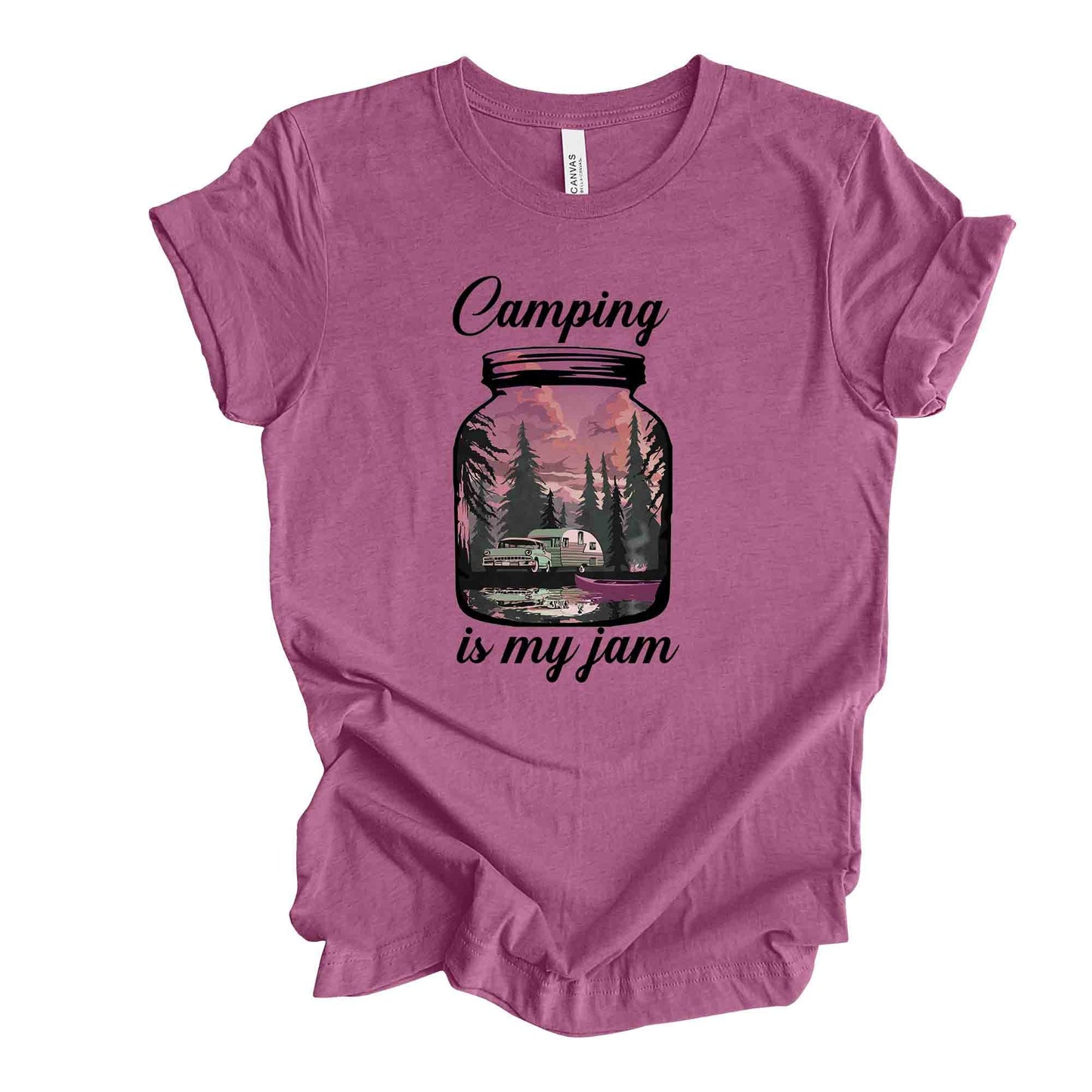 Camping Tee, Super Fun Jar with Camping Scene, Camping Is My Jam Design, premium unisex shirt, 3 color choices, 3x Camping, 4x Camping