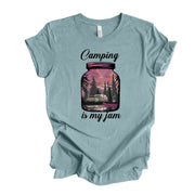 Camping Tee, Super Fun Jar with Camping Scene, Camping Is My Jam Design, premium unisex shirt, 3 color choices, 3x Camping, 4x Camping