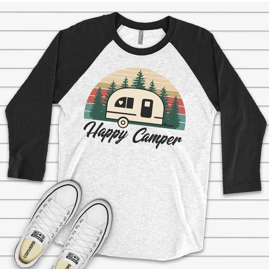 Happy Camper Raglan, Camping Raglan, Vintage Look Sunset Camping Design on premium Raglan 3/4 sleeve shirt, plus size, 2X, 3X