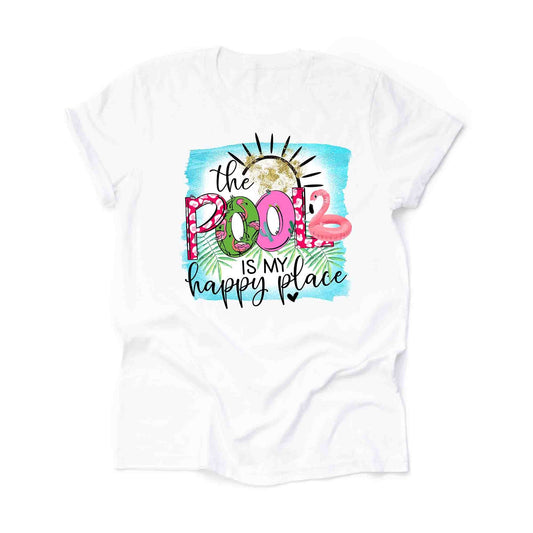 Fun Pool Tee, The Pool Is My Happy Place, Flamingo Pool Float, Pool Design on premium  unisex shirt, 3 color choices, 3x Summer, 4x Summer