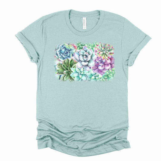 Succulent Tee, Beautiful Collage of Succulents, Xerophytes and Hens & Chickens Design on premium unisex shirt, 3x succulents, 4x succulents