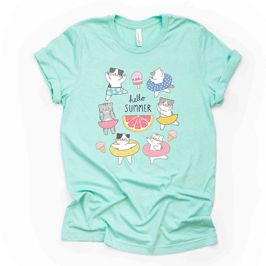 Hello Summer Cats, Super Cute Cats in Pool, Cats in Pool Float Design on premium unisex shirt, 3 color choices, 3x cats, 4x cats, plus size