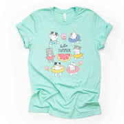 Hello Summer Cats, Super Cute Cats in Pool, Cats in Pool Float Design on premium unisex shirt, 3 color choices, 3x cats, 4x cats, plus size