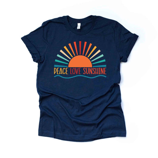 Summer Tee, Super Cute PEACE LOVE SUNSHINE, Sunshine Summer Design on premium unisex shirt, 3 color choices, 3x, 4x, plus sizes available