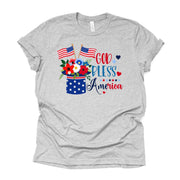 Patriotic Tee, God Bless America, Patriotic Flowers and Hat Design, USA Tee, premium unisex shirt, 3 color choices, 3x July 4th, 4x July 4th