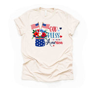 Patriotic Tee, God Bless America, Patriotic Flowers and Hat Design, USA Tee, premium unisex shirt, 3 color choices, 3x July 4th, 4x July 4th