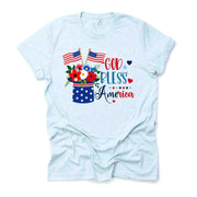 Patriotic Tee, God Bless America, Patriotic Flowers and Hat Design, USA Tee, premium unisex shirt, 3 color choices, 3x July 4th, 4x July 4th