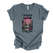 Camping Tee, Super Fun Jar with Camping Scene, Camping Is My Jam Design, premium unisex shirt, 3 color choices, 3x Camping, 4x Camping